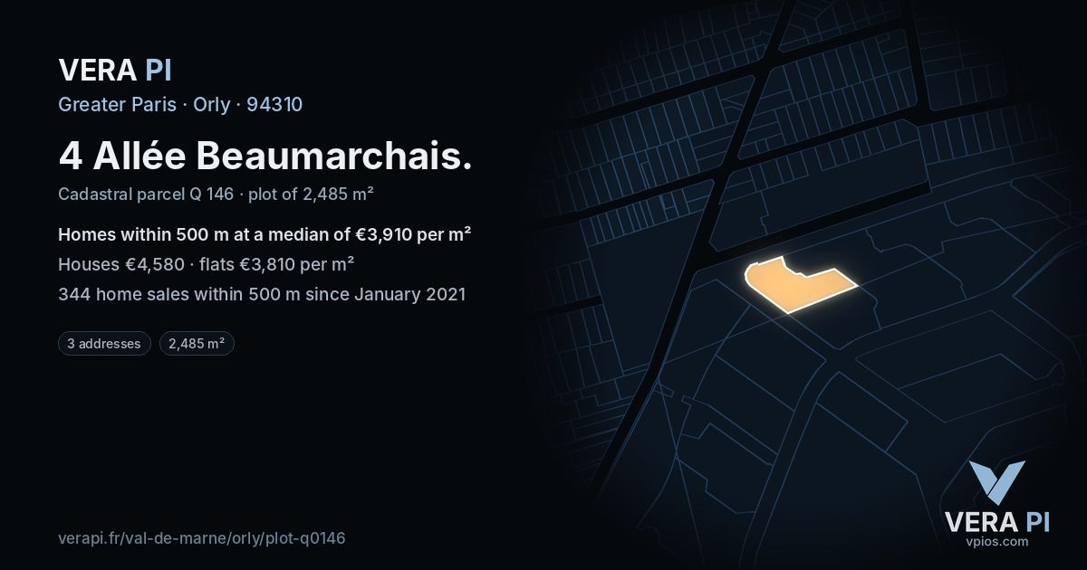 4 Allée Beaumarchais, Orly at night – the plot lit, the parcels around coloured by the prices near them