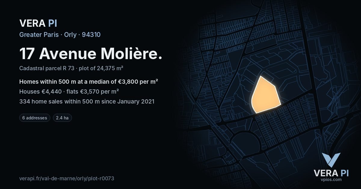 17 Avenue Molière, Orly at night – the plot lit, the parcels around coloured by the prices near them