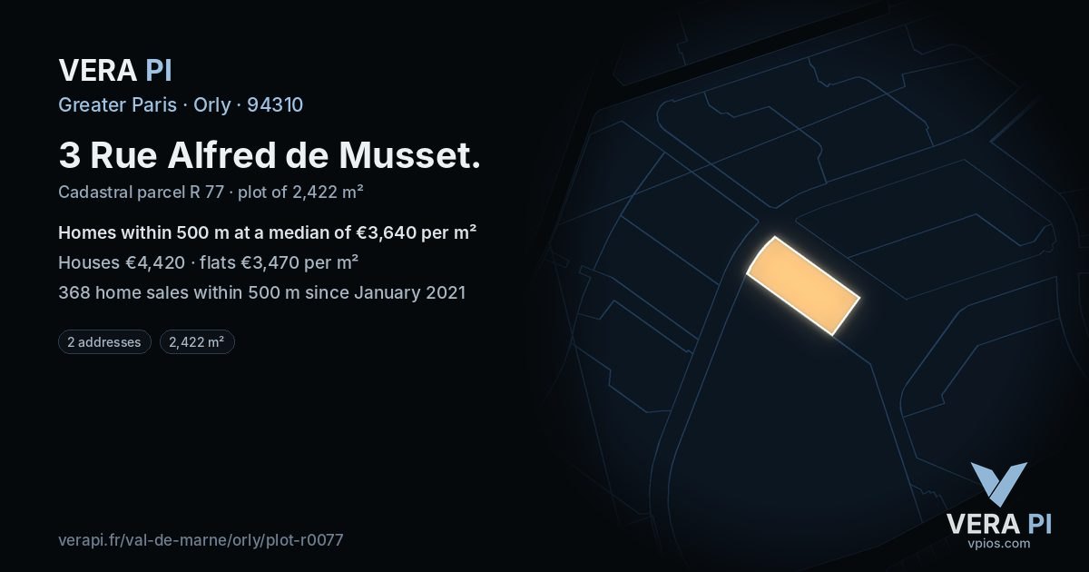 3 Rue Alfred de Musset, Orly at night – the plot lit, the parcels around coloured by the prices near them