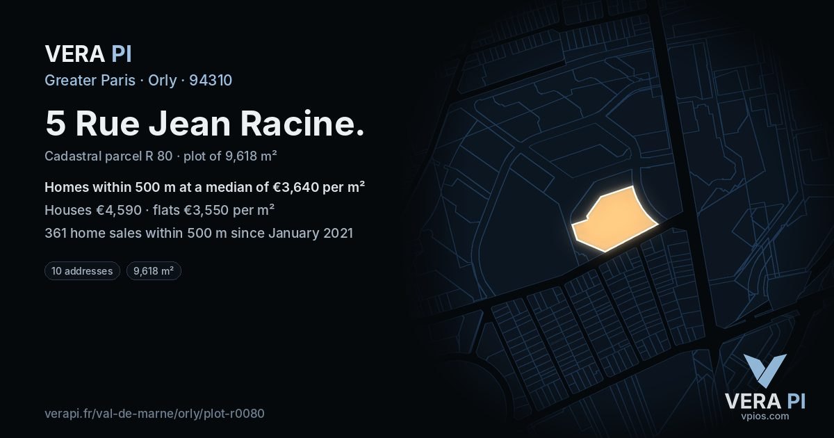 5 Rue Jean Racine, Orly at night – the plot lit, the parcels around coloured by the prices near them