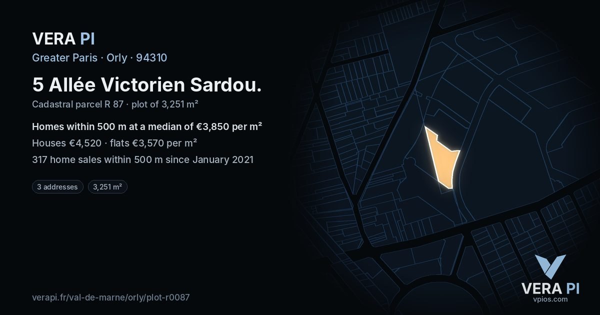5 Allée Victorien Sardou, Orly at night – the plot lit, the parcels around coloured by the prices near them