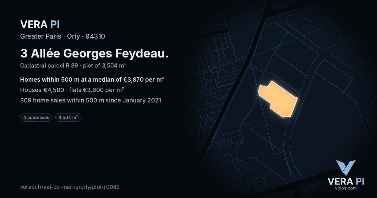 3 Allée Georges Feydeau, Orly at night – the plot lit, the parcels around coloured by the prices near them