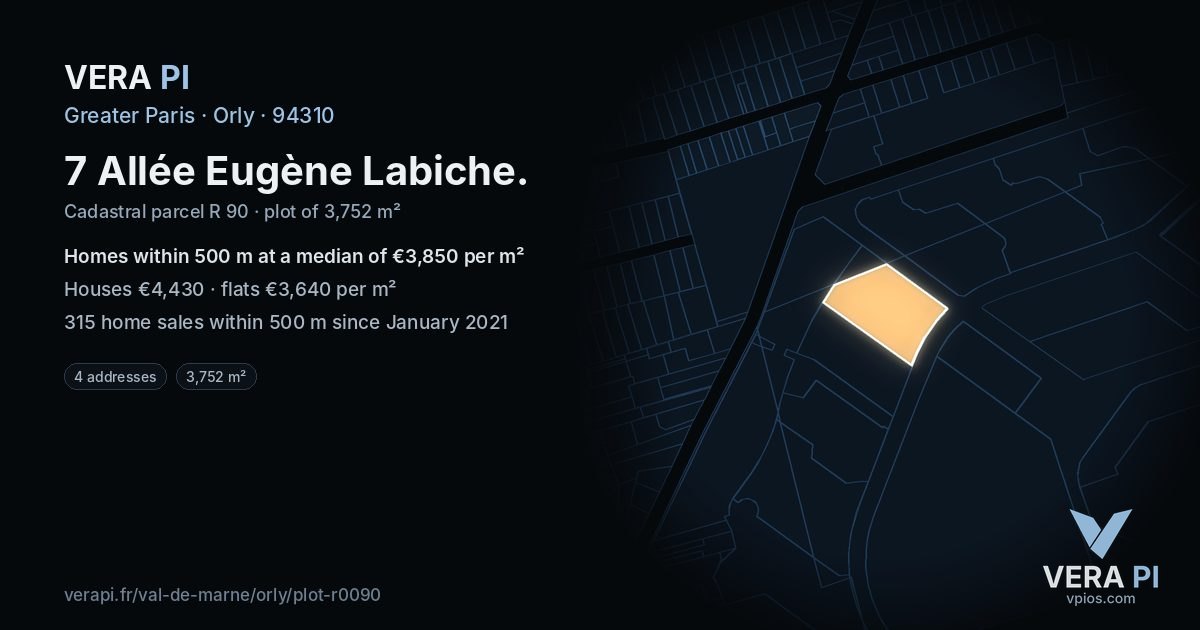 7 Allée Eugène Labiche, Orly at night – the plot lit, the parcels around coloured by the prices near them