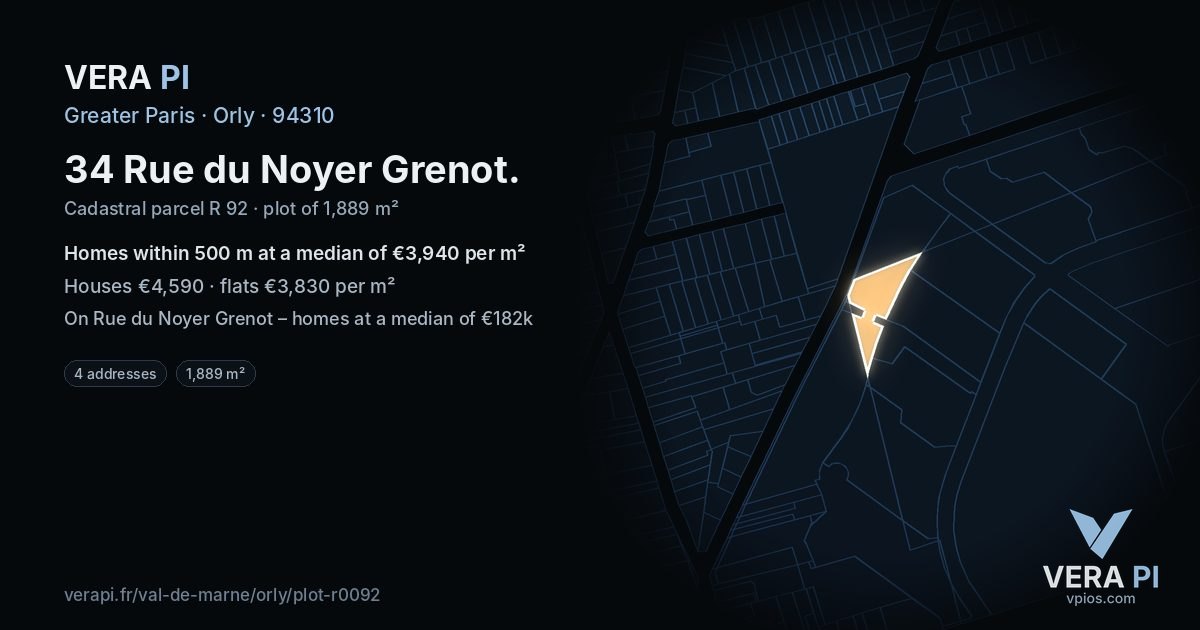34 Rue du Noyer Grenot, Orly at night – the plot lit, the parcels around coloured by the prices near them