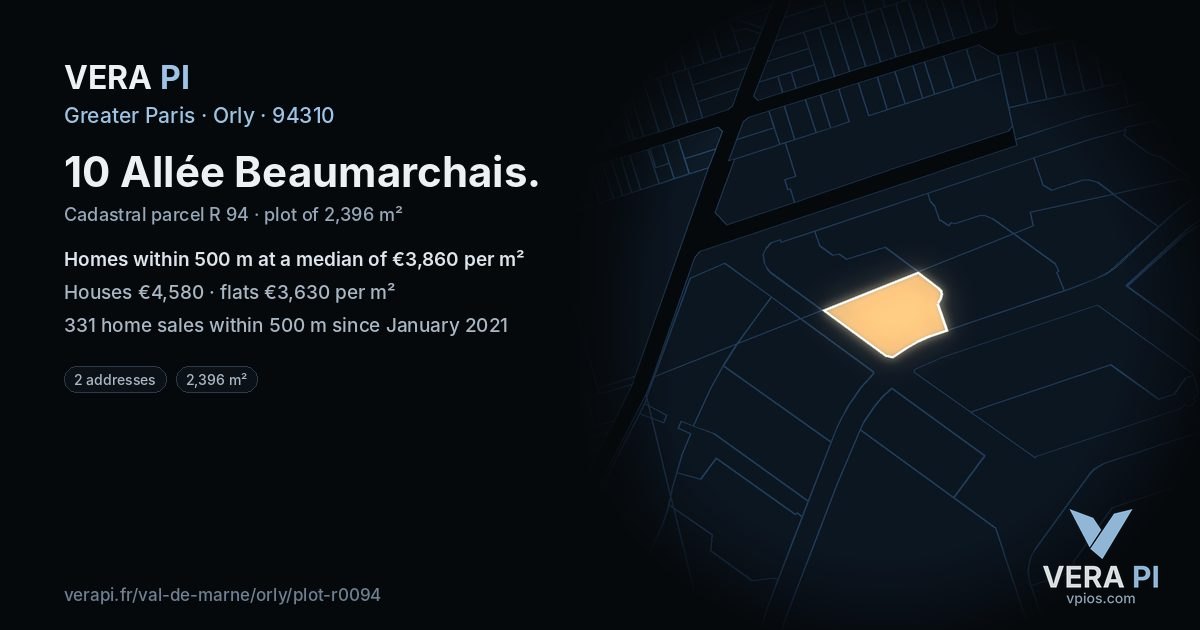 10 Allée Beaumarchais, Orly at night – the plot lit, the parcels around coloured by the prices near them