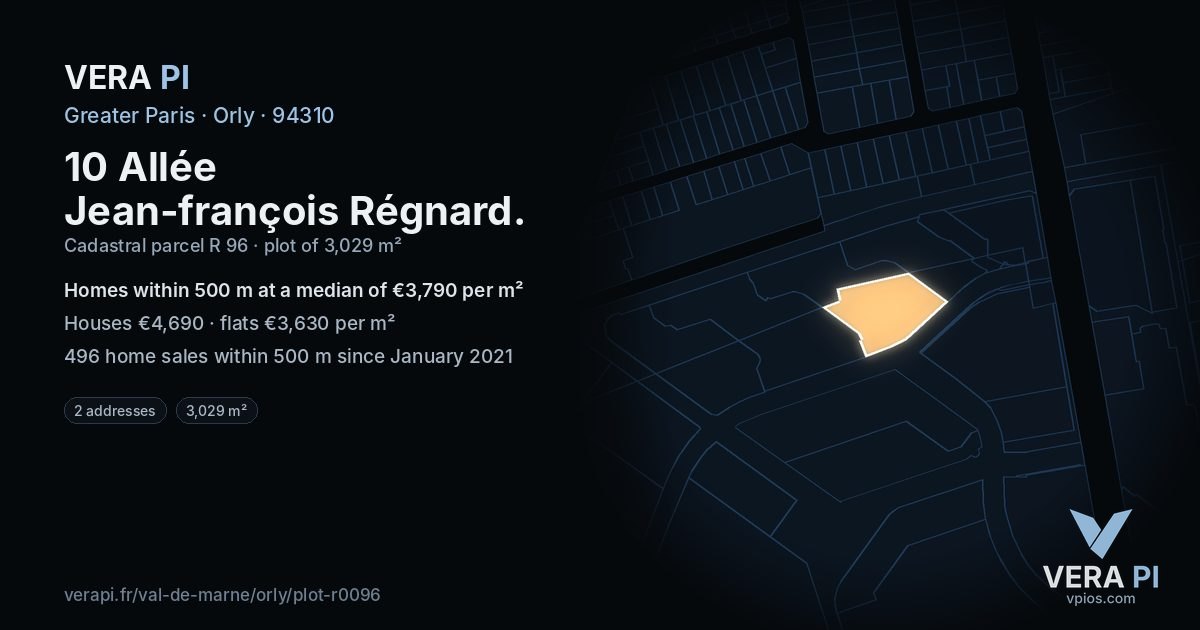 10 Allée Jean-françois Régnard, Orly at night – the plot lit, the parcels around coloured by the prices near them
