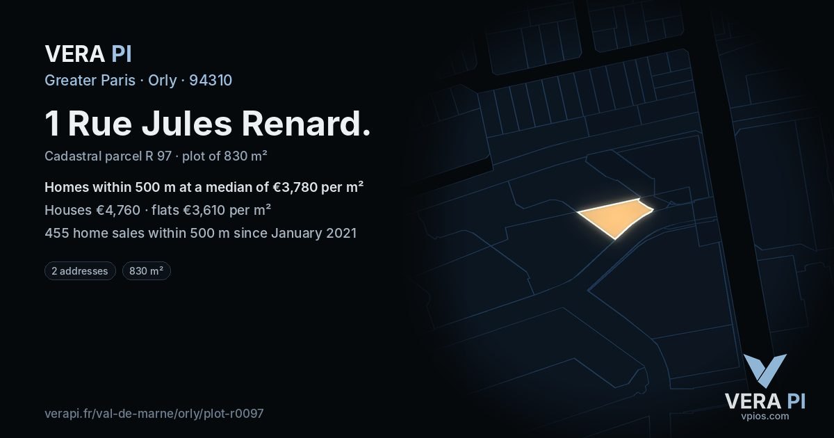 1 Rue Jules Renard, Orly at night – the plot lit, the parcels around coloured by the prices near them