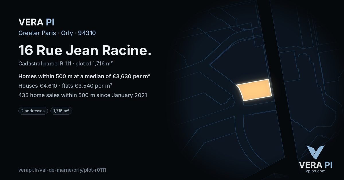 16 Rue Jean Racine, Orly at night – the plot lit, the parcels around coloured by the prices near them