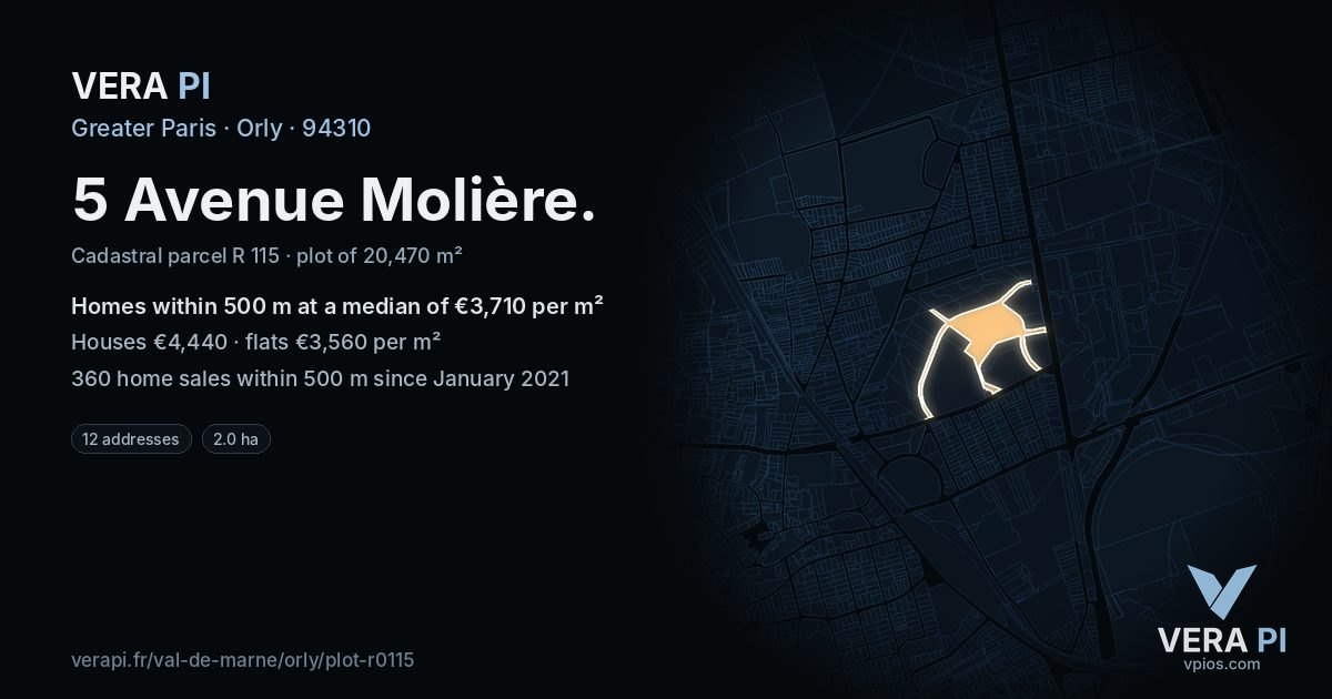 5 Avenue Molière, Orly at night – the plot lit, the parcels around coloured by the prices near them