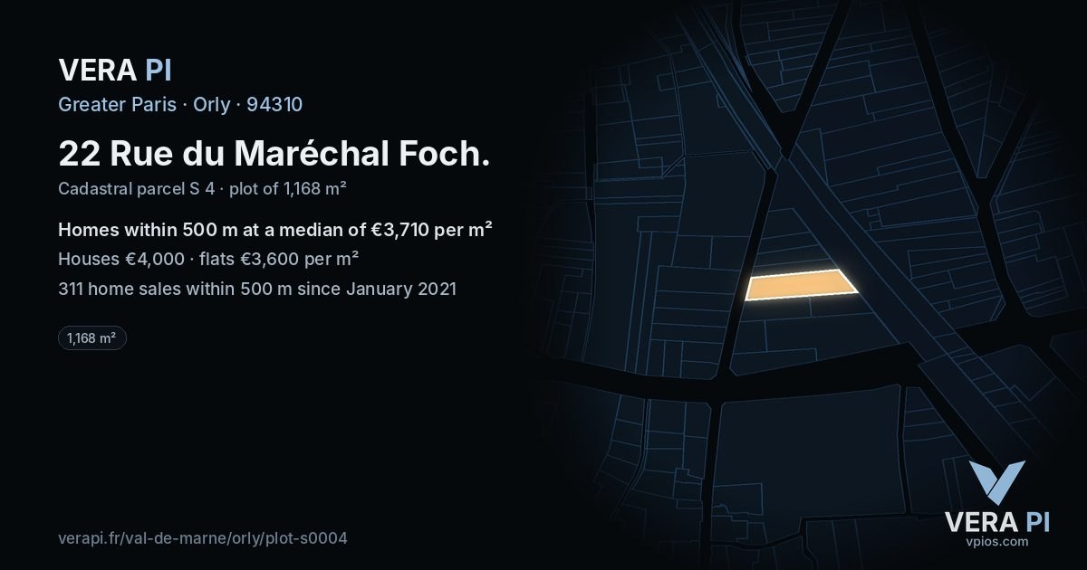 22 Rue du Maréchal Foch, Orly at night – the plot lit, the parcels around coloured by the prices near them