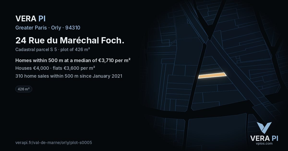 24 Rue du Maréchal Foch, Orly at night – the plot lit, the parcels around coloured by the prices near them
