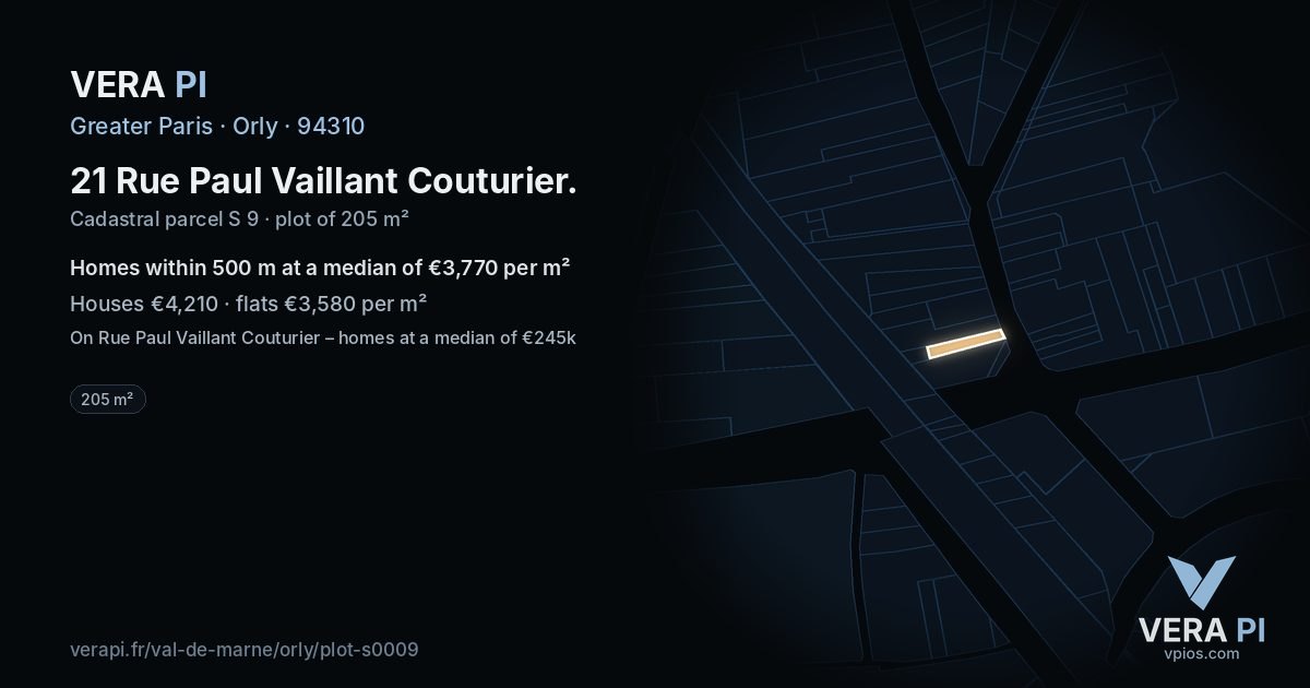 21 Rue Paul Vaillant Couturier, Orly at night – the plot lit, the parcels around coloured by the prices near them