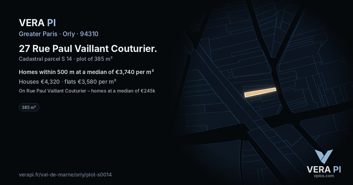 27 Rue Paul Vaillant Couturier, Orly at night – the plot lit, the parcels around coloured by the prices near them