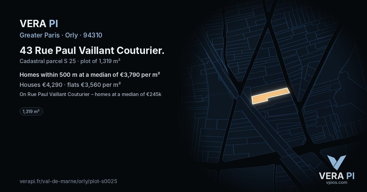 43 Rue Paul Vaillant Couturier, Orly at night – the plot lit, the parcels around coloured by the prices near them