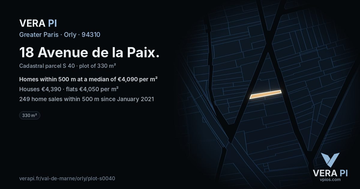 18 Avenue de la Paix, Orly at night – the plot lit, the parcels around coloured by the prices near them