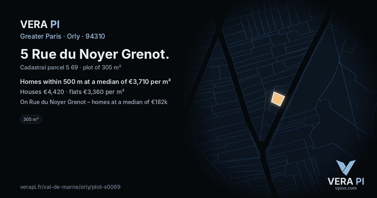 5 Rue du Noyer Grenot, Orly at night – the plot lit, the parcels around coloured by the prices near them