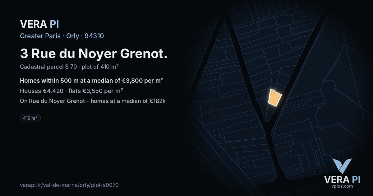 3 Rue du Noyer Grenot, Orly at night – the plot lit, the parcels around coloured by the prices near them