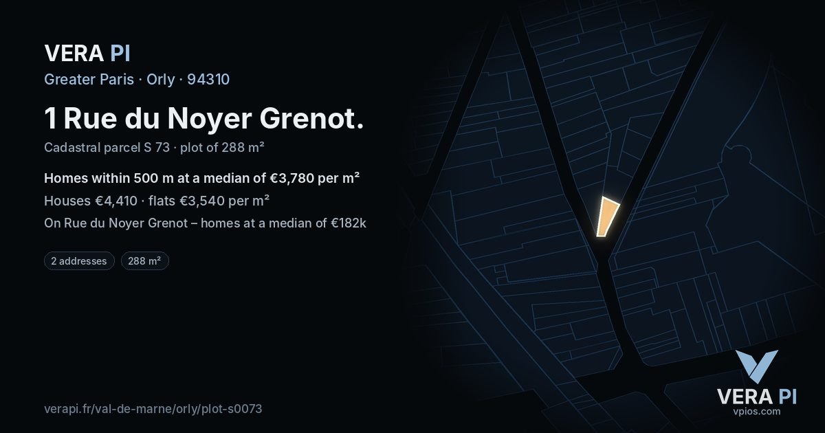 1 Rue du Noyer Grenot, Orly at night – the plot lit, the parcels around coloured by the prices near them