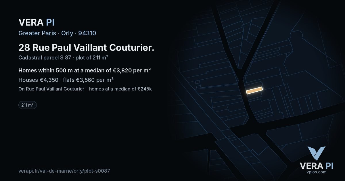 28 Rue Paul Vaillant Couturier, Orly at night – the plot lit, the parcels around coloured by the prices near them