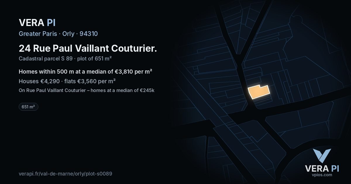 24 Rue Paul Vaillant Couturier, Orly at night – the plot lit, the parcels around coloured by the prices near them