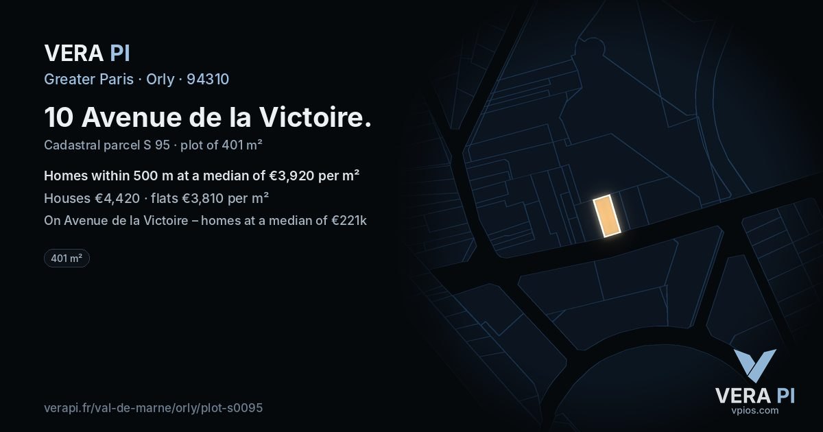 10 Avenue de la Victoire, Orly at night – the plot lit, the parcels around coloured by the prices near them