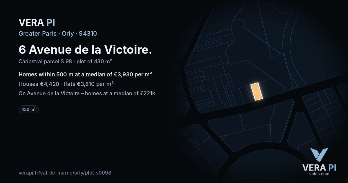 6 Avenue de la Victoire, Orly at night – the plot lit, the parcels around coloured by the prices near them