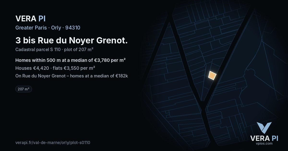 3 bis Rue du Noyer Grenot, Orly at night – the plot lit, the parcels around coloured by the prices near them