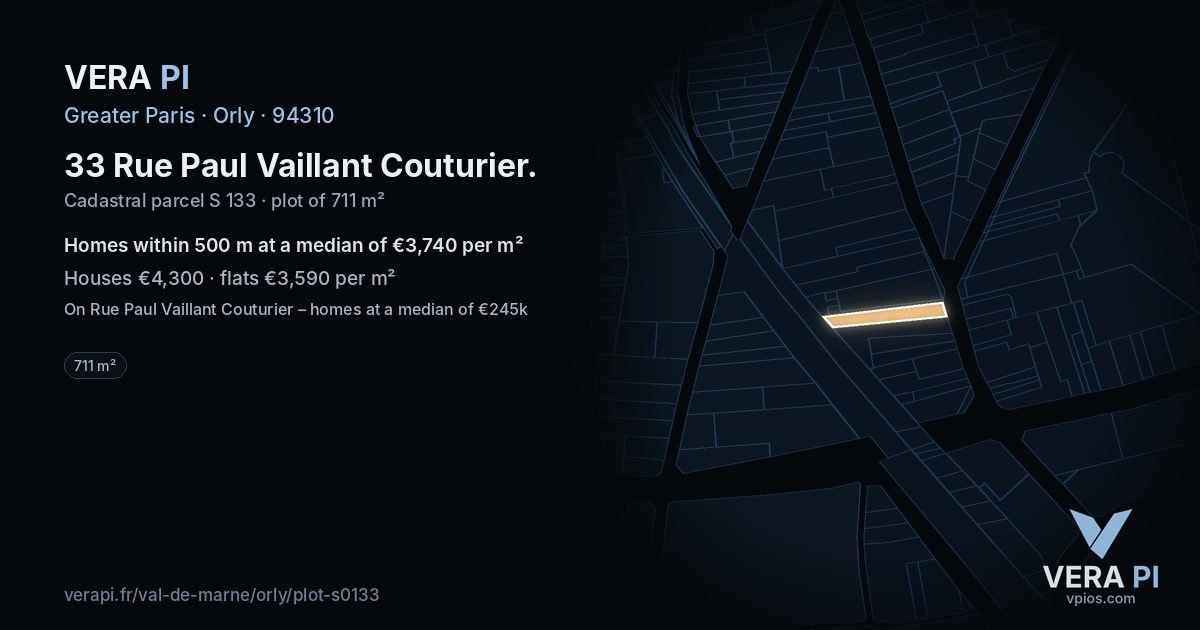 33 Rue Paul Vaillant Couturier, Orly at night – the plot lit, the parcels around coloured by the prices near them