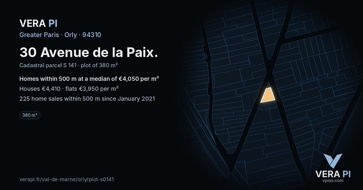 30 Avenue de la Paix, Orly at night – the plot lit, the parcels around coloured by the prices near them