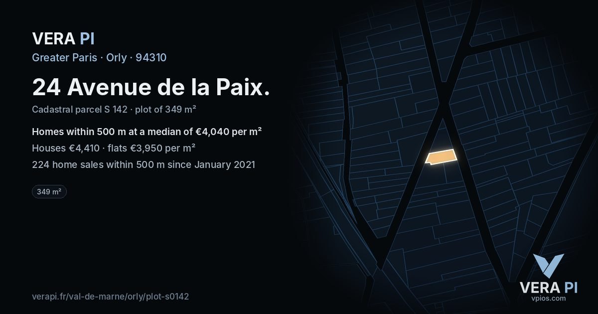 24 Avenue de la Paix, Orly at night – the plot lit, the parcels around coloured by the prices near them