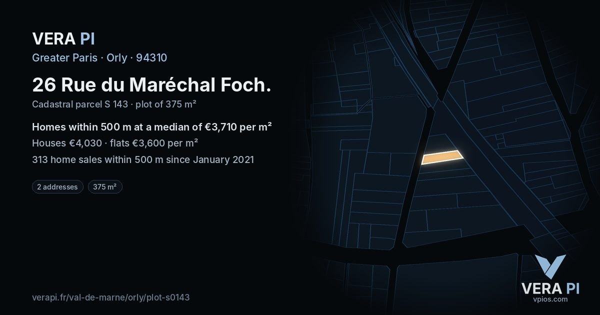 26 Rue du Maréchal Foch, Orly at night – the plot lit, the parcels around coloured by the prices near them