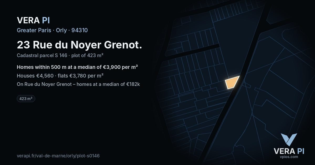 23 Rue du Noyer Grenot, Orly at night – the plot lit, the parcels around coloured by the prices near them
