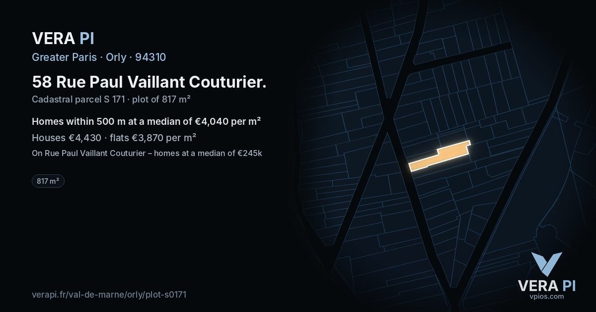58 Rue Paul Vaillant Couturier, Orly at night – the plot lit, the parcels around coloured by the prices near them