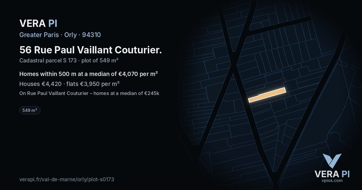 56 Rue Paul Vaillant Couturier, Orly at night – the plot lit, the parcels around coloured by the prices near them