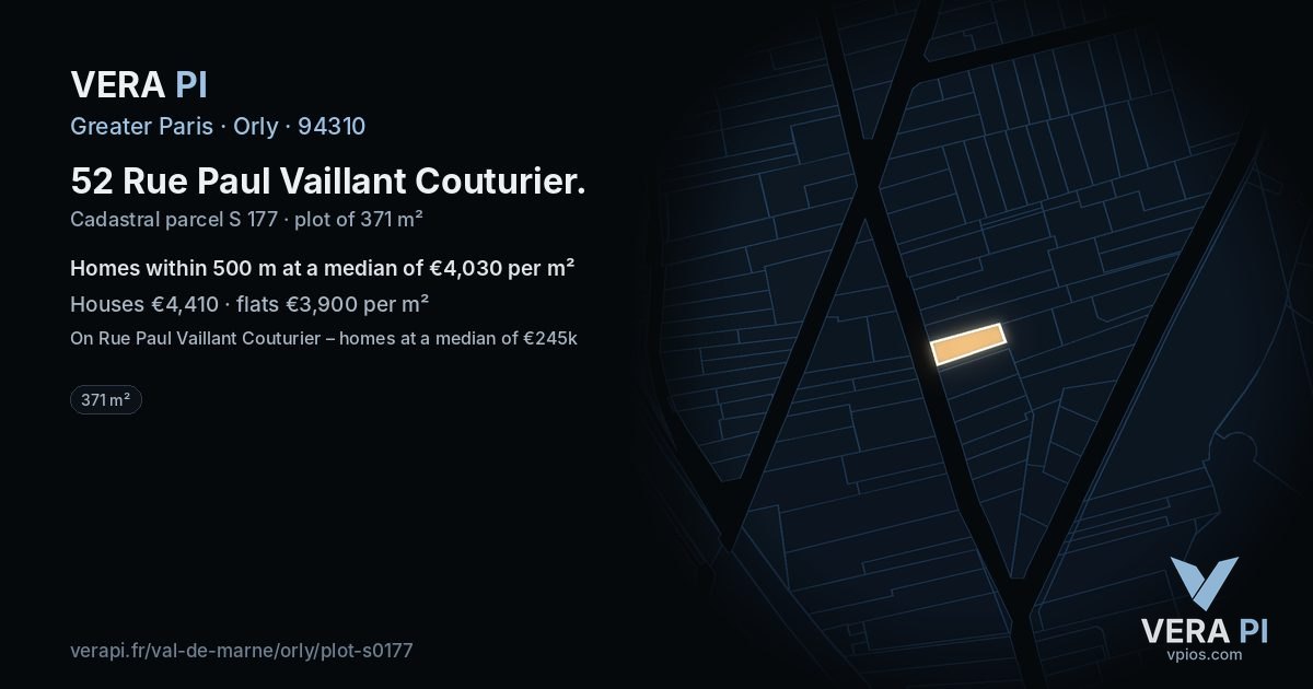 52 Rue Paul Vaillant Couturier, Orly at night – the plot lit, the parcels around coloured by the prices near them