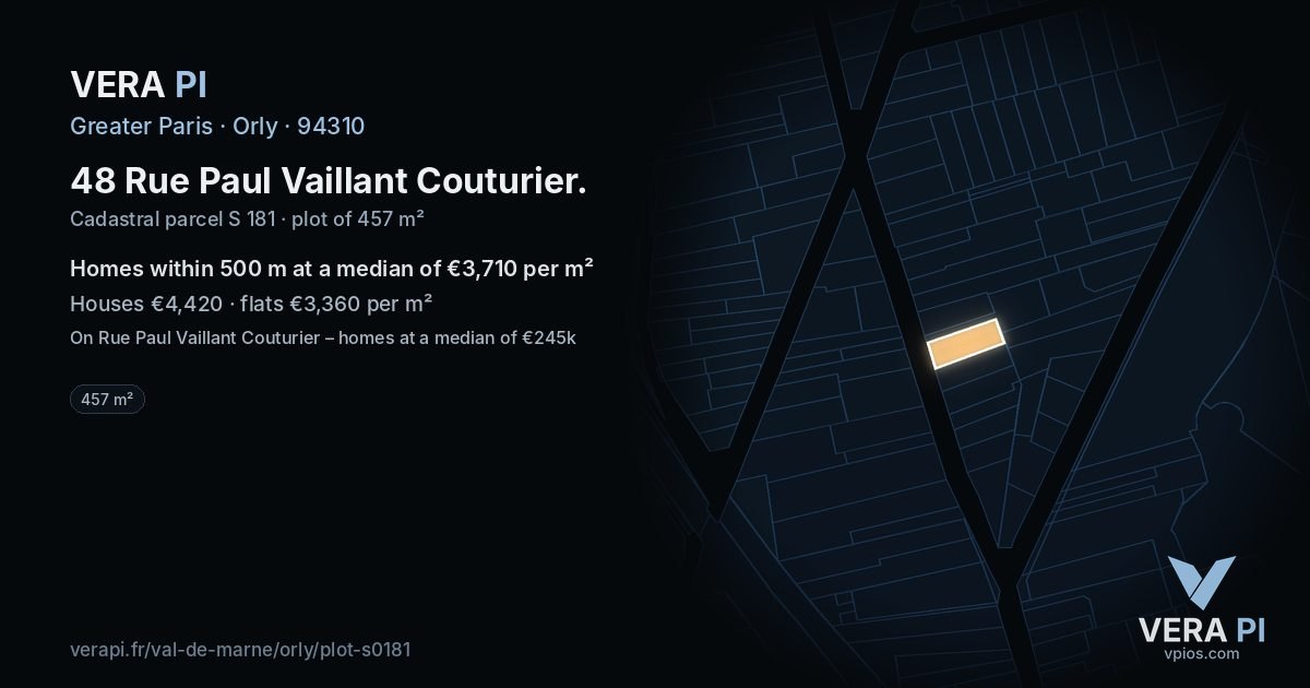 48 Rue Paul Vaillant Couturier, Orly at night – the plot lit, the parcels around coloured by the prices near them