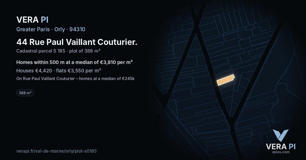 44 Rue Paul Vaillant Couturier, Orly at night – the plot lit, the parcels around coloured by the prices near them