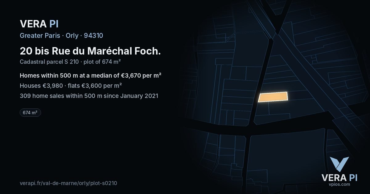 20 bis Rue du Maréchal Foch, Orly at night – the plot lit, the parcels around coloured by the prices near them