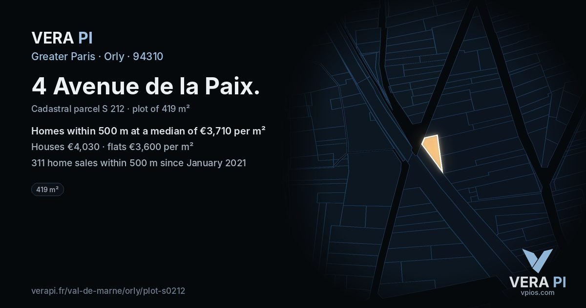4 Avenue de la Paix, Orly at night – the plot lit, the parcels around coloured by the prices near them