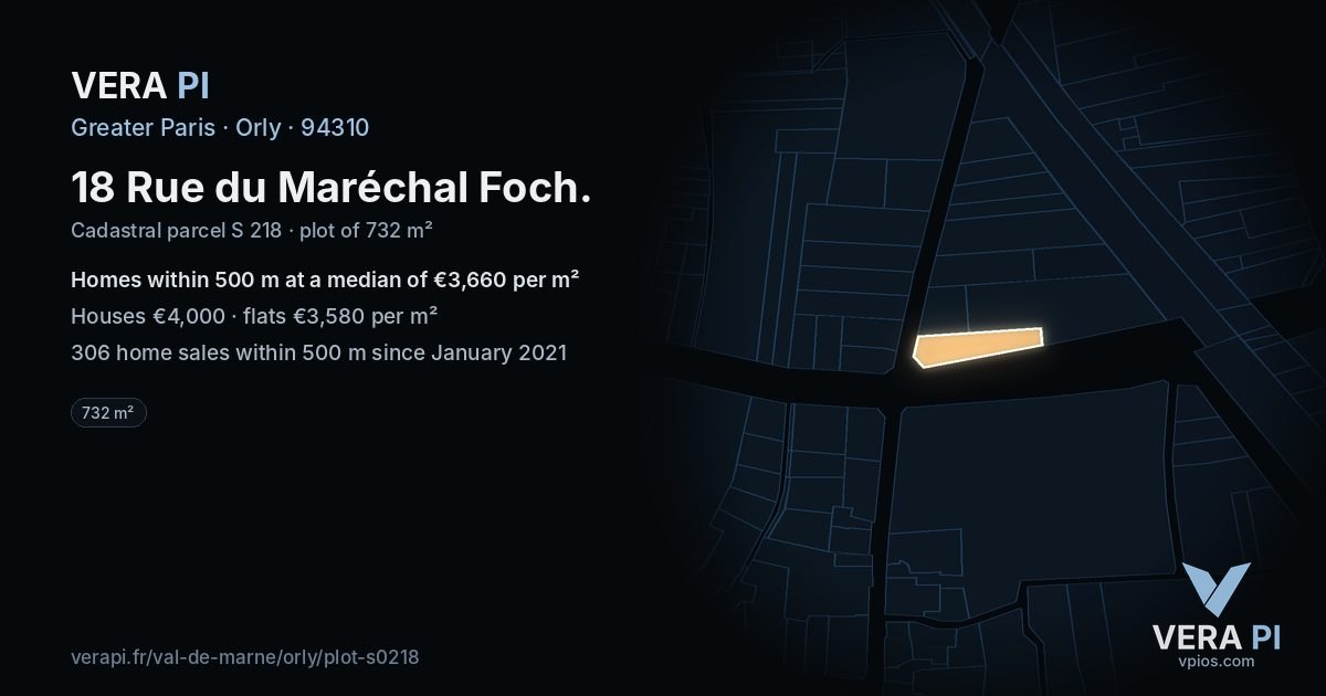 18 Rue du Maréchal Foch, Orly at night – the plot lit, the parcels around coloured by the prices near them