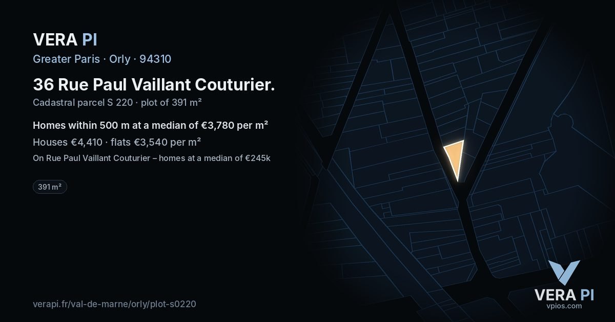 36 Rue Paul Vaillant Couturier, Orly at night – the plot lit, the parcels around coloured by the prices near them
