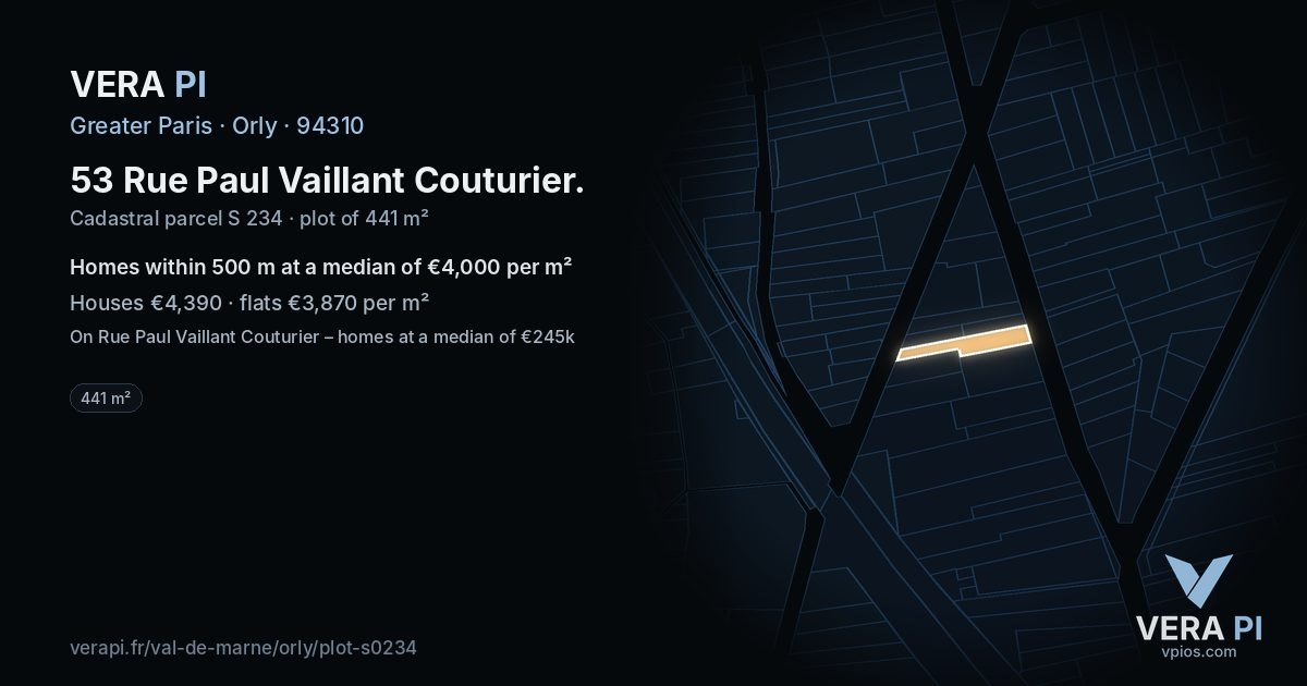 53 Rue Paul Vaillant Couturier, Orly at night – the plot lit, the parcels around coloured by the prices near them