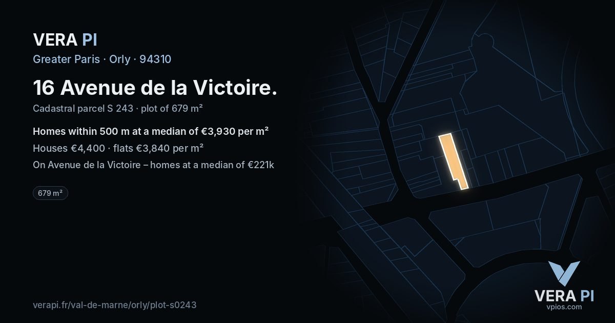 16 Avenue de la Victoire, Orly at night – the plot lit, the parcels around coloured by the prices near them