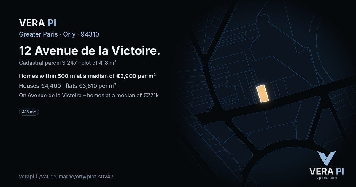 12 Avenue de la Victoire, Orly at night – the plot lit, the parcels around coloured by the prices near them