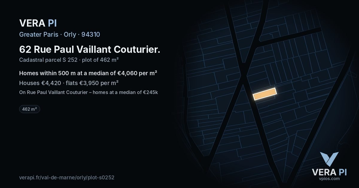 62 Rue Paul Vaillant Couturier, Orly at night – the plot lit, the parcels around coloured by the prices near them