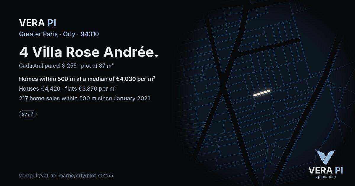 4 Villa Rose Andrée, Orly at night – the plot lit, the parcels around coloured by the prices near them