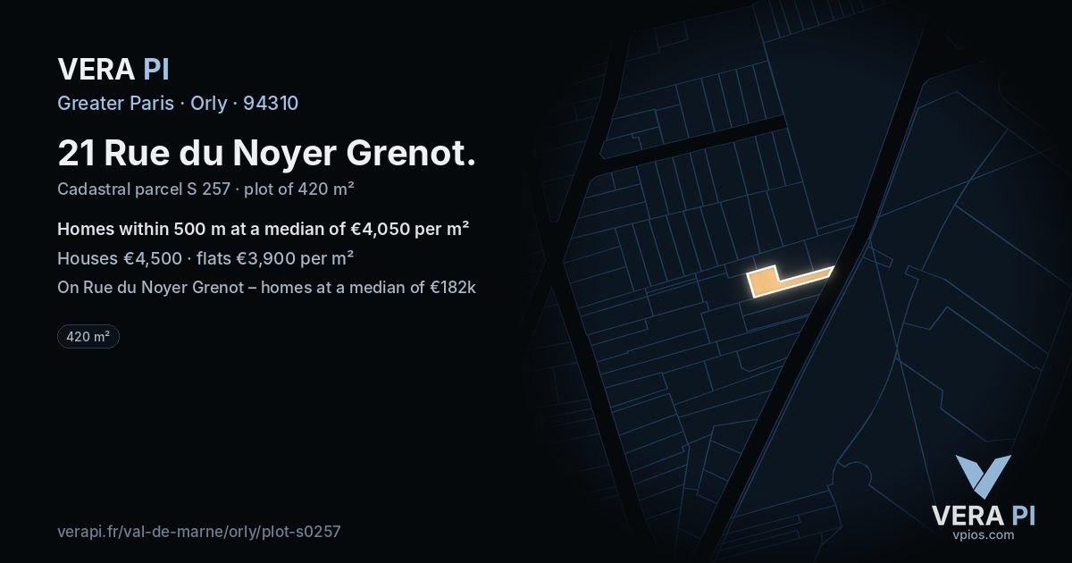 21 Rue du Noyer Grenot, Orly at night – the plot lit, the parcels around coloured by the prices near them