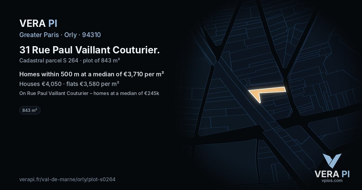 31 Rue Paul Vaillant Couturier, Orly at night – the plot lit, the parcels around coloured by the prices near them