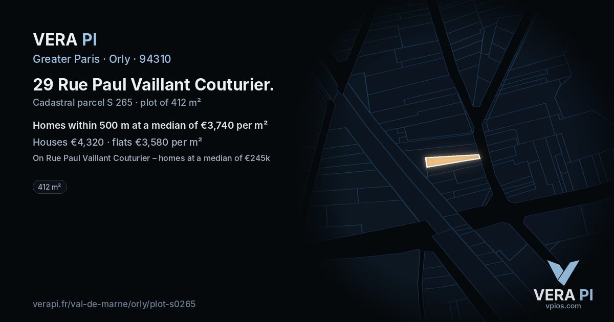 29 Rue Paul Vaillant Couturier, Orly at night – the plot lit, the parcels around coloured by the prices near them