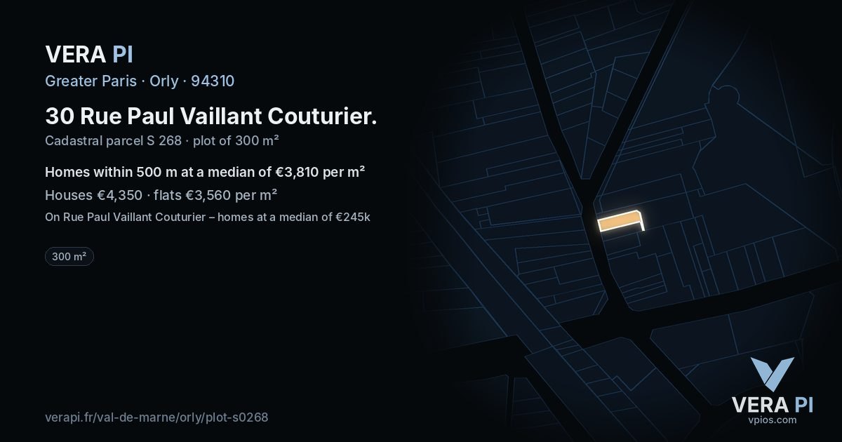 30 Rue Paul Vaillant Couturier, Orly at night – the plot lit, the parcels around coloured by the prices near them